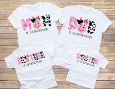 two t - shirts that say mom and daughter of the birthday girl with pink cow on them