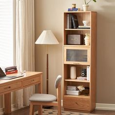 a room with a desk, chair and bookshelf in front of a window