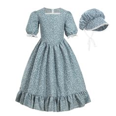 PRICES MAY VARY. ❤Two-piece Prairie Dresses for Girls: 1*Blue Floral Print Pioneer Girls Dress, 1*Bonnet ❤ Features: This girls laura ingalls wilder costume comes with a simple flower print dress that has back zipper. Square neck with lace trim. Short sleeve has elastic and lace edging at cuffs. No young pioneer girl outfit would be complete without a bonnet, so this costume also comes with a traditional bonnet that has lace brim with elastic at the back and an under-chin tie for comfort. ❤ Prai Colonial Costume, Country Girl Dresses, Pioneer Girl, Pioneer Trek, Pioneer Dress, Prairie Dresses, Baby Costumes Girl, Laura Ingalls Wilder, Country Dresses