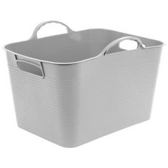 a white plastic laundry basket with handles and handles on the bottom, in front of a white background