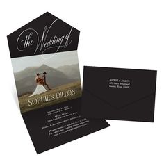 the wedding announcement card is shown with an image of a bride and groom on it