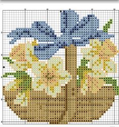 a cross stitch pattern with flowers in a basket