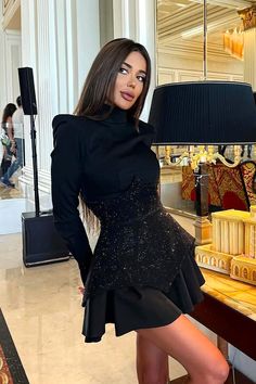 Long Sleeve Sparkly Corset A Line Dress Black Round Collar Dress, Black Collared Dress, Bride Dress Simple, Black Pleated Dress, Soiree Dress, Sleeveless Skirt, Popular Clothing, Stylish Work Attire, The Little Black Dress