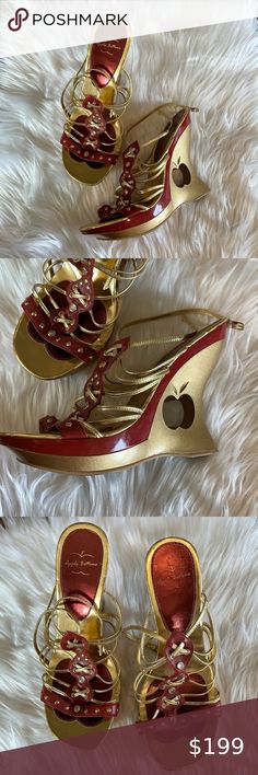 VTG Apple Bottom Platform Red & Gold Heels Size 9 Apple Shoes, Apple White, Apple Bottoms, Vintage Heels, Heels Fashion, Shoe Inspo, Downtown Girl, Thrift Finds, Gold Shoes