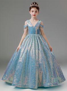 Blue Sequins V-neck Beading Flower Girl Dress Dramatic Skirt, Kids Formal Dresses, Sequin Flower Girl Dress, Cotton Frocks For Kids, Frocks For Kids, Flower Girl Dresses Blue, Frock Designs, Iridescent Fabric, Turquoise And Pink