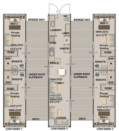 the floor plan for an apartment building with three floors and four balconies on each side