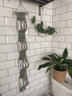 a white toilet sitting next to a potted plant on top of a tiled wall