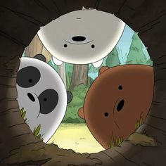 there are two bears in the woods looking out from behind a tree trunk with another bear