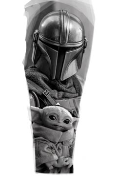 an arm tattoo with the image of yoda and baby yoda in black and white