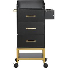 a black and gold cart with three drawers on it's sides, one drawer is open