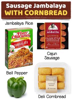 an image of some food items that are labeled in english and spanish with the words sausage jambalya with cornbread