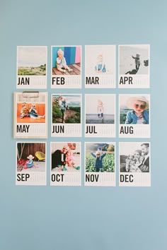 a blue wall with several pictures on it and the words jan, feb, oct, dec