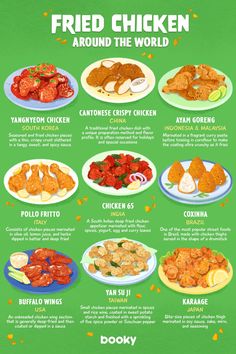 the fried chicken around the world is shown on a green board with instructions for how to cook