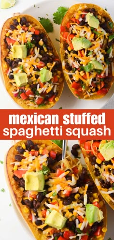 mexican stuffed spaghetti squash with black beans, cheese and guacamole on top