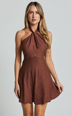 Louie Mini Dress - Linen Look Halter Neck Dress in Chocolate Earth Tone Dress Short, Short Dress For Wedding Guest, Senior Thesis, Basic Black Dress, Neon Outfits, Bachelorette Dress, Spring Maxi Dress, Navy Bridesmaid Dresses, Halter Neck Dress