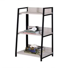 three tiered shelving unit with bookshelf and magazines on top, white background