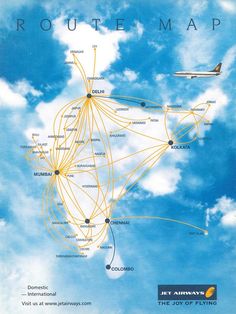 an airplane is flying through the sky with many routes