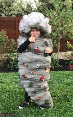 Unicorn Group Costume Ideas, Volcano Halloween Costume, Diy Unique Costumes, Homemade Tornado Costume, Garbage Bag Costume Ideas, Weather Reporter Costume, Kids Tornado Costume, Weather Costumes For Kids, Wind Costume Ideas