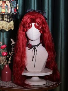 This wig features a long, curly design with ample volume, making it both light and fluffy. The curly bangs come pre-styled to add extra fluffiness, creating a high crown that beautifully frames the face, giving the illusion of a smaller visage. Additionally, the set includes a pair of wavy synthetic hair claw clips, which perfectly complement the main wig and add a finishing touch to your look.  The wig measures 80cm in length, while the ponytail claw clips are 60cm long.  The price includes one Redhair Wigs, Red Wig Aesthetic, Red Hair Claw Clip, Red Hair Wig, Curly Design, Character Help, Red Synthetic Wig, Vampire Princess, Red Cosplay Wig