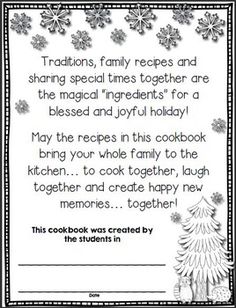 a recipe for christmas with snowflakes on it and the words, traditional family recipes and sharing special times together are