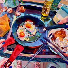 an oil painting of eggs and other food on a table with utensils in the foreground