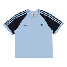 (WMNS) adidas Originals x Sporty & Rich T-Shirt 'Light Blue Navy' IN5250 Sporty T-shirt With Three Stripes For Sports, Blue Adidas T-shirt With Logo, Blue T-shirt With Three Stripes Branding For Streetwear, Adidas Athleisure T-shirt With Three Stripes, Sportswear Tops With Three Stripes And Short Sleeves, Sportswear Top With Three Stripes And Relaxed Fit, Three Stripes Athleisure T-shirt For Spring, Three Stripes Relaxed Fit Sportswear Top, Relaxed Fit Sportswear Top With Three Stripes