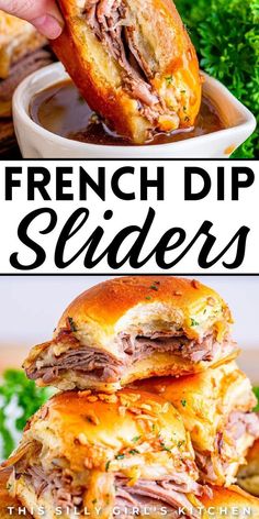 the french dip sliders are stacked high on top of each other with melted cheese and meat