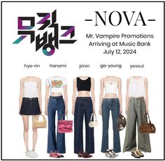 four models in different outfits standing next to each other with the words nova on them