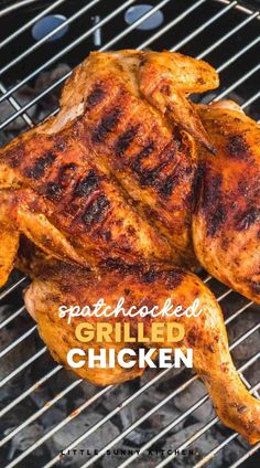 grilled chicken sitting on top of a grill with text overlay that reads, spatula - cooked grilled chicken