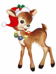 a small deer with a christmas hat and bells on it's back, standing in front of a white background