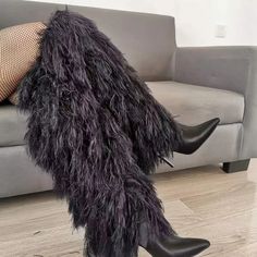 Black Faux Fur Boots Pointy Toe Heels Knee-high Boots Women Shoes Fur Boots Heels, Unique High Heels, Black Military Boots, Army Shoes, Pointy Boots, Fur Heels, Black Thigh High, Pointy Toe Heels, Boots Patterns