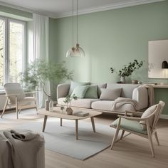 a living room with green walls and white furniture on the floor, along with a large window