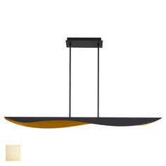 a black and yellow light hanging from a ceiling fixture with two lights on each side