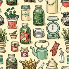 seamless pattern with jars and kitchen utensils