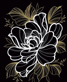 a black and white flower with gold leaves on the bottom, in front of a black background