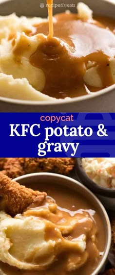 two pictures of food with gravy and potatoes