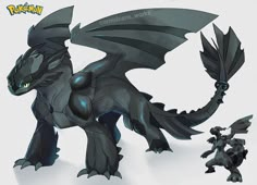 an animated image of a black dragon with blue eyes and tail, standing next to another creature