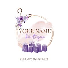 a purple bag with flowers on it and the words your name boutique written in gold