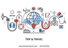 the words trip & travel are surrounded by icons and symbols on a white background with an image of a globe