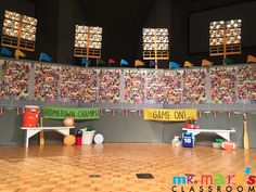 the stage is set up for a children's basketball game with lots of decorations