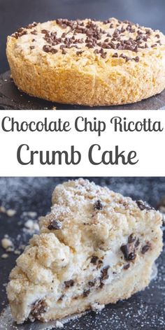 chocolate chip ricotta crumb cake on a cookie sheet with the title above it