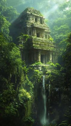 an ancient building in the jungle with a waterfall