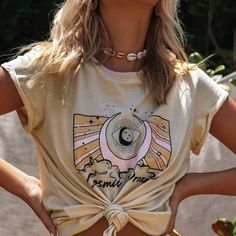 Description Cosmic Dream Graphics T-Shirt Vintage Style Crew Neck Short, Rolled Sleeve Beige Oversized Fit Material Cotton Care Machine Wash Cold Condition This Item Is Brand New, With Tags. Style Suggestions Also, I Absolutely Love This Shirt With The Semiramis Skirt In My Boutique. Oh! And Definitely Style With The Retro Shades. Mandala Top, Boho Tshirts, Street Style Ideas, Mode Hippie, Hippie Clothing, Hippie Tops, Casual Outfits For Women, Tshirt Women, Top Shirt Women