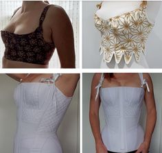 four pictures of different types of corsets on mannequin's torsos