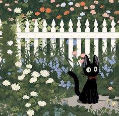 a black cat sitting in front of a white picket fence surrounded by flowers and plants