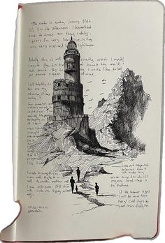 an open book with a drawing of a lighthouse and people on the beach next to it