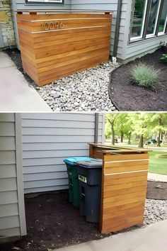 two pictures side by side of a house with trash cans in the front and outside