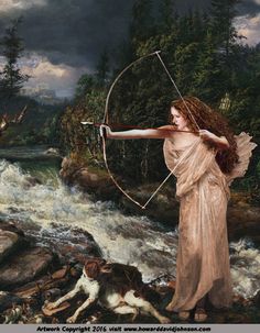 a painting of a woman with a bow and arrow in her hand standing next to a river