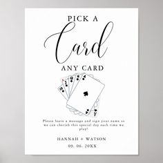 a card game is shown with the words pick a card and four playing cards on it