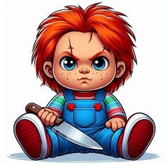 a little red haired boy sitting on the ground with a knife in his hand and wearing overalls